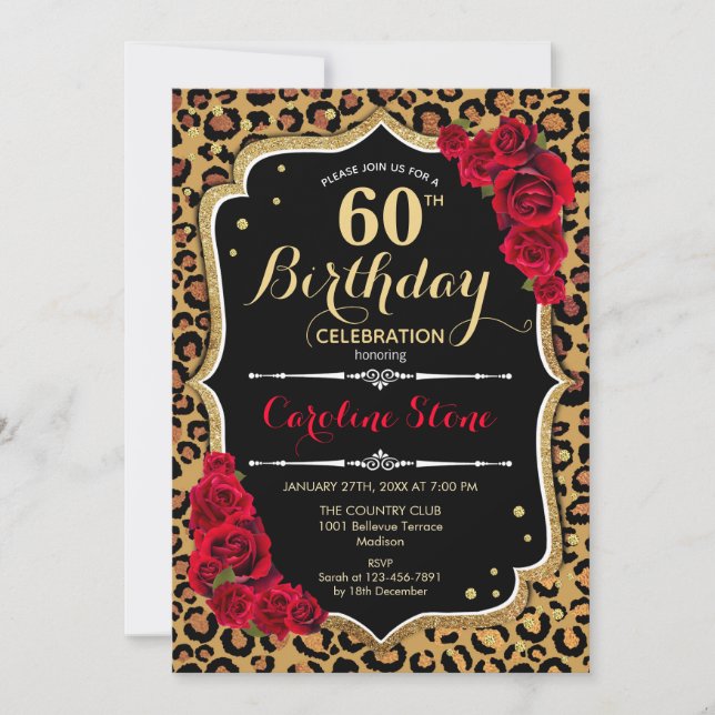 Invitación 60.º cumpleaños - Impresión de leopardo de las ros (Anverso)