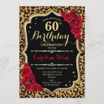 Invitación 60.º cumpleaños - Impresión de leopardo de las ros<br><div class="desc">60.ª Invitación de cumpleaños. Elegante diseño blanco y negro rojo con falso oro purpurina. Presenta impresión animal leopard cheetah,  fuente de guiones y rosas. Perfecto para una elegante fiesta de cumpleaños. ¡Puede ser personalizado en cualquier año! Mándame un mensaje si necesitas más personalización.</div>