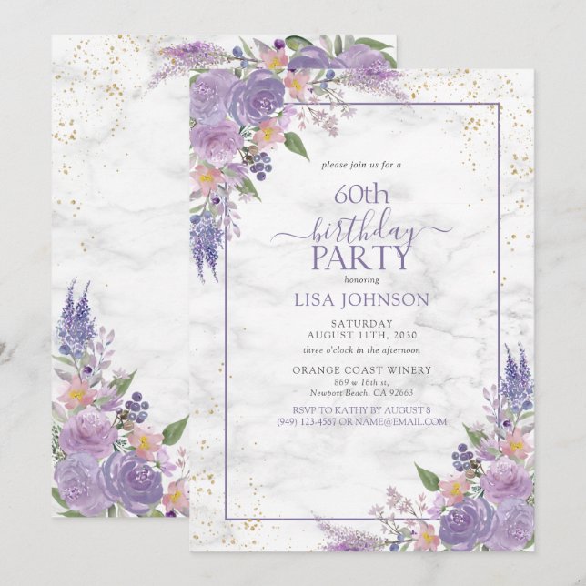 Invitación 60.º cumpleaños Lavanda Lilac Marble Oro Botánico (Anverso / Reverso)