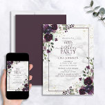 Invitación 60.º cumpleaños Marble acuarela de oro púrpura<br><div class="desc">Celebra tu cumpleaños número 60 con estilo con esta hermosa Invitación de Marble de color de oro púrpura de Pluma de cumpleaños número 60! Con elegantes elementos botánicos florales de ciruelas violetas y eucalipto, elementos falsos de la esquina del polvo de oro y un marco de ciruela violeta contra un...</div>