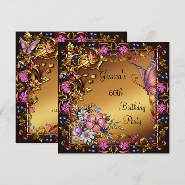 Invitación 60.º cumpleaños Mariposa Floral Rosa Oro Negro (Anverso / Reverso)
