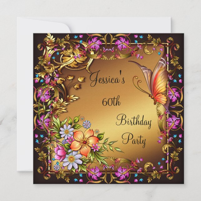 Invitación 60.º cumpleaños Mariposa Floral Rosa Oro Negro 2 (Anverso)