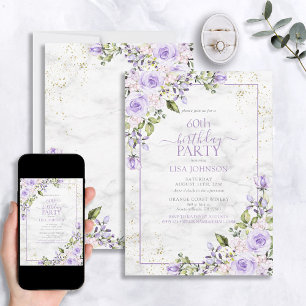 Invitación 60.º cumpleaños Mármol acuático Lilac Lavender