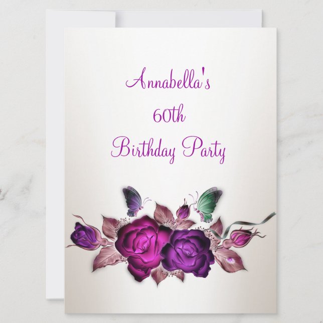 Invitación 60.º cumpleaños Mauve Roses rosados Floral Art 3 (Anverso)
