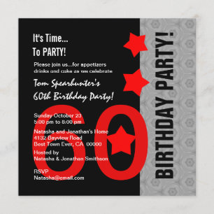 Invitación 60.º cumpleaños Modern Red Silver Black Funny A01