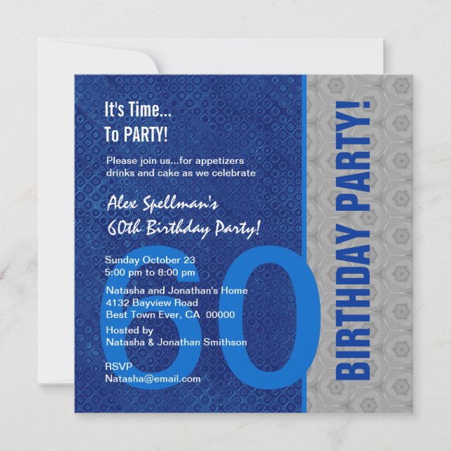 Invitación 60.º cumpleaños Moderno azul y plata S303 (Anverso)