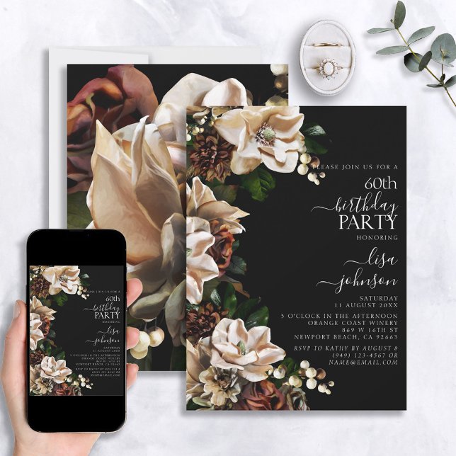 Invitación 60.º cumpleaños Moody Magnolia Neutral Floral (Subido por el creador)