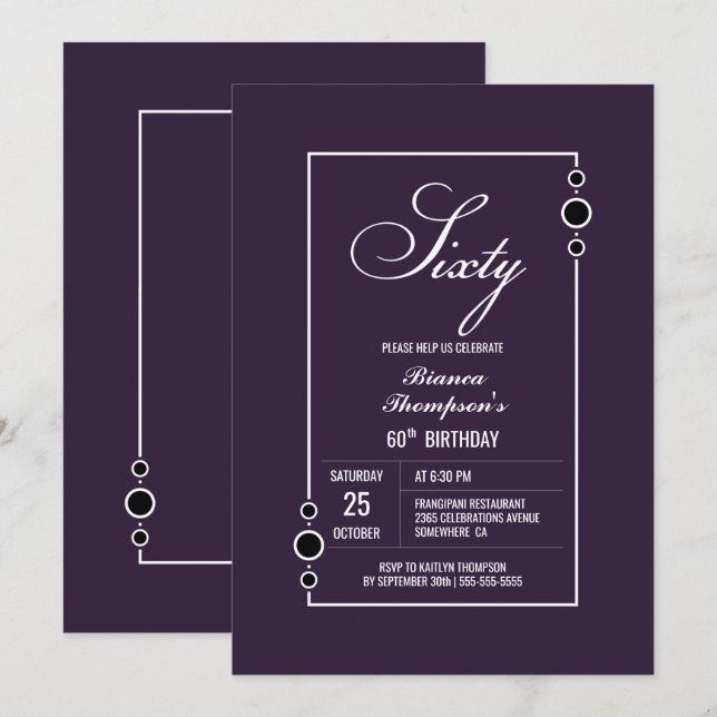 Invitación 60.º cumpleaños morado con Fiesta de marco blanco (Anverso / Reverso)