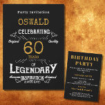 Invitación 60.º cumpleaños Nacido legendario Black Gold Retro<br><div class="desc">Para los que celebran su 60 cumpleaños, tenemos la invitación ideal de fiesta de cumpleaños con un toque vintage. El fondo negro con un diseño de tipografía blanca y dorada es sencillo y elegante con un toque retro. Personalizar fácilmente el texto de este regalo de cumpleaños usando la plantilla proporcionada....</div>