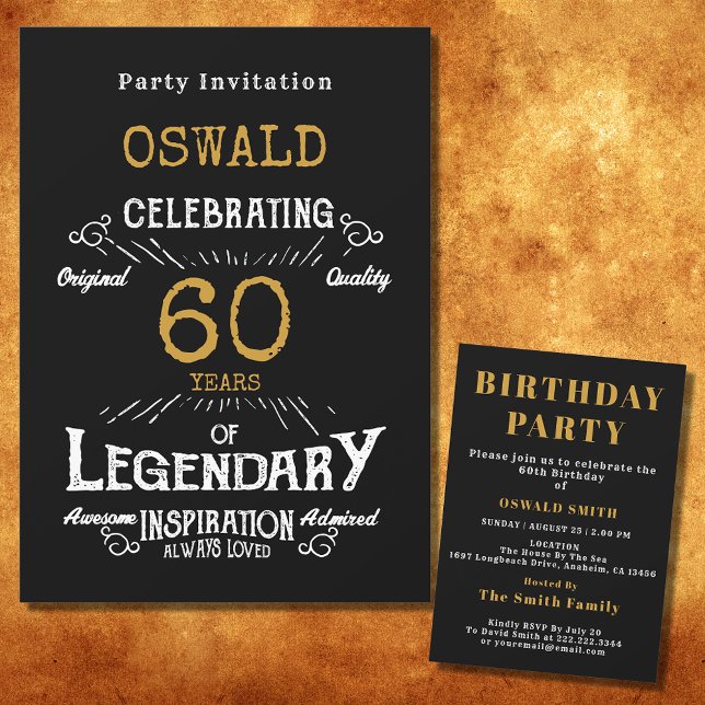 Invitación 60.º cumpleaños Nacido legendario Black Gold Retro (For those celebrating their 60th birthday we have the ideal birthday party invitation)