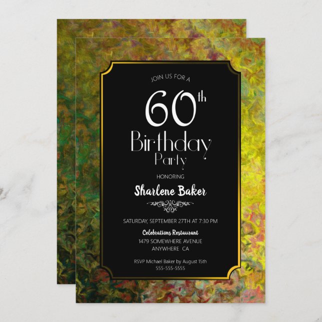 Invitación 60.º cumpleaños negro y oro (Anverso / Reverso)