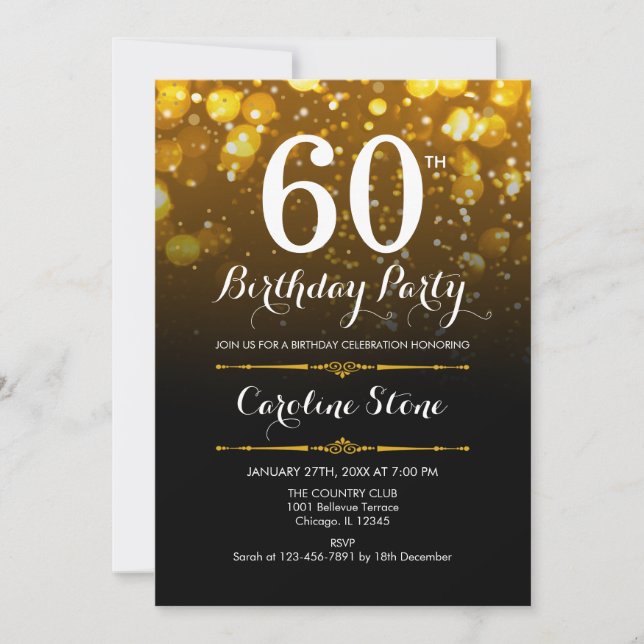 Invitación 60.º cumpleaños - Oro blanco negro (Anverso)