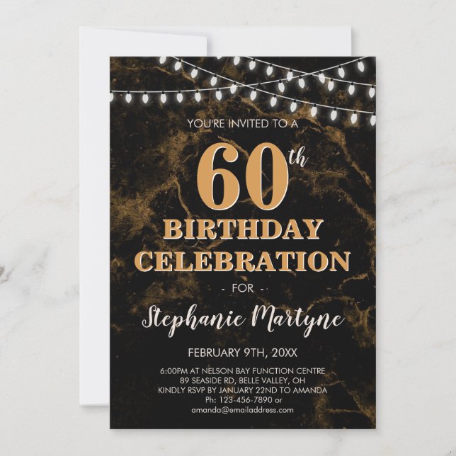 Invitación 60.º cumpleaños oro luces de cuerdas de mármol neg (Anverso)