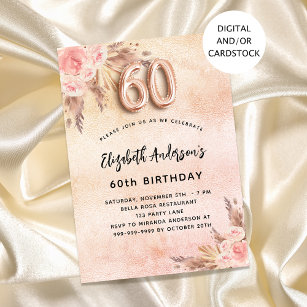 Invitación 60.º cumpleaños pampas rosa florales de oro