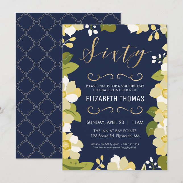 Invitación 60.º cumpleaños, Personalizado Floral, oro (Anverso / Reverso)