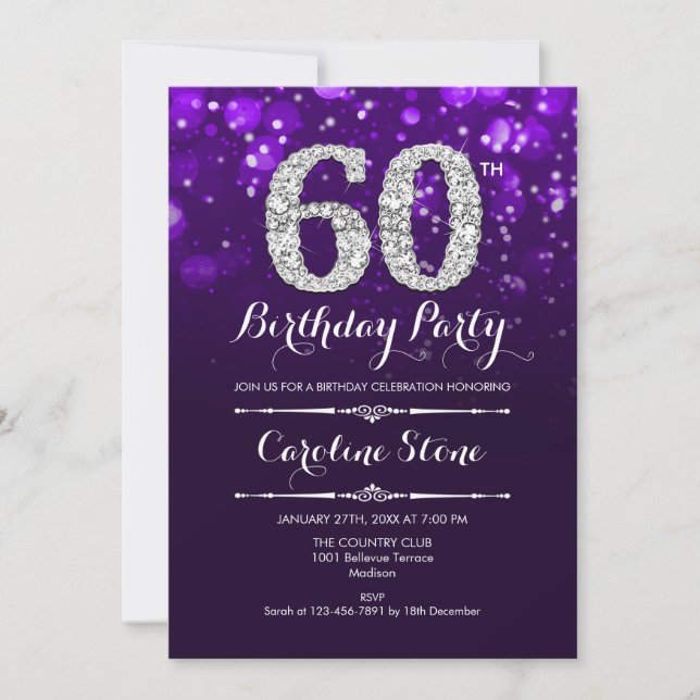 Invitación 60.º cumpleaños - Plata morada (Anverso)