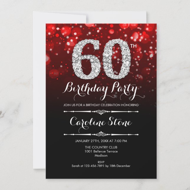 Invitación 60.º cumpleaños - Plata negra roja (Anverso)