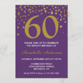 Invitación 60.º Cumpleaños Purple Gold Confetti moderno elega
