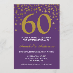 Invitación 60.º Cumpleaños Purple Gold Confetti moderno elega