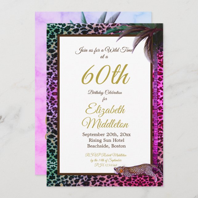 Invitación 60.º Cumpleaños Púrpura Salvaje de Palm Leopard (Anverso / Reverso)