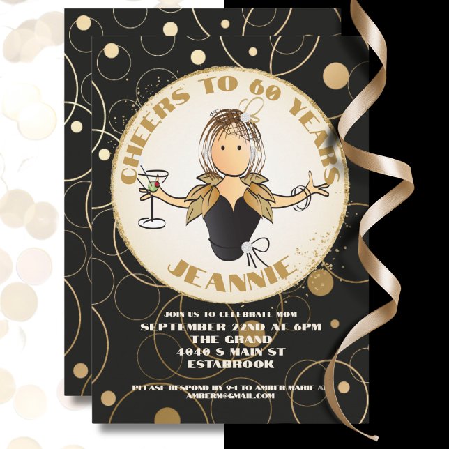 Invitación 60.º cumpleaños Purpurina de oro negro fabuloso cu (Subido por el creador)