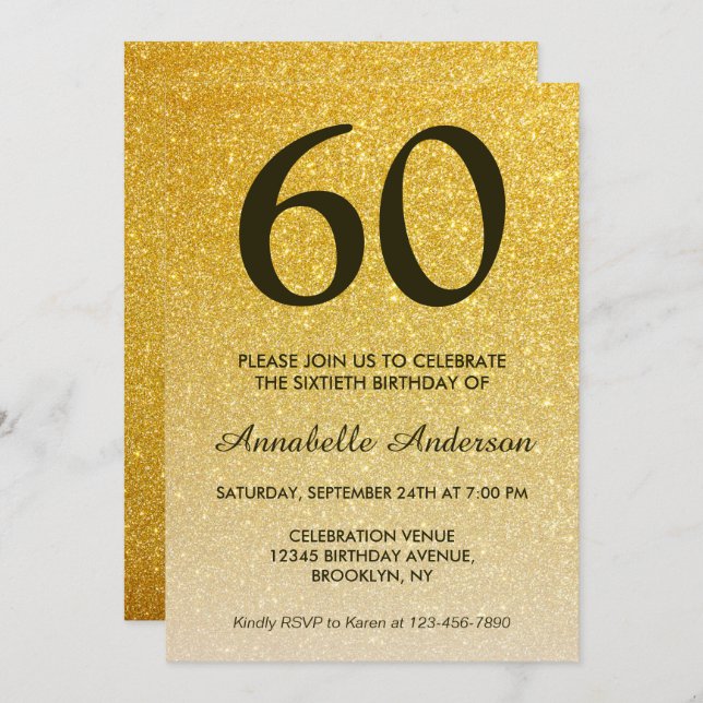 Invitación 60.º cumpleaños Purpurina de oro negro Sparkle Omb (Anverso / Reverso)