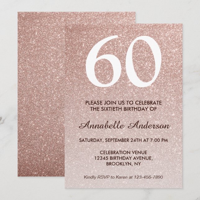 Invitación 60.º cumpleaños Purpurina de oro rosa Sparkle Ombr (Anverso / Reverso)