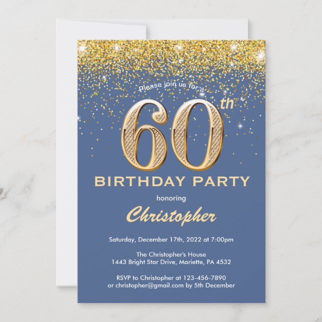 Invitación 60.º cumpleaños Purpurina de oro y azul Confetti (Anverso)