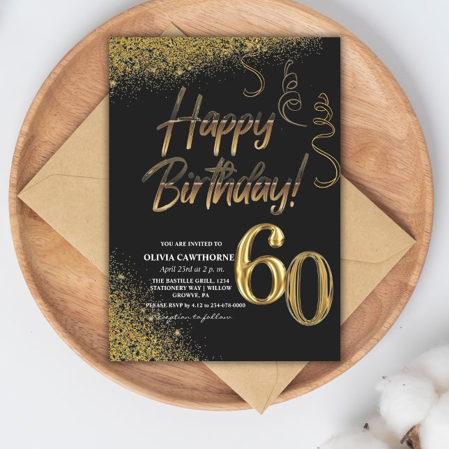 Invitación 60.º cumpleaños Purpurina de oro y negro moderno (Subido por el creador)