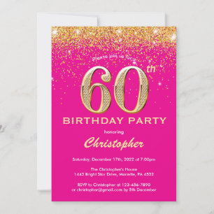 Invitación 60.º cumpleaños Purpurina de oro y rosado caliente