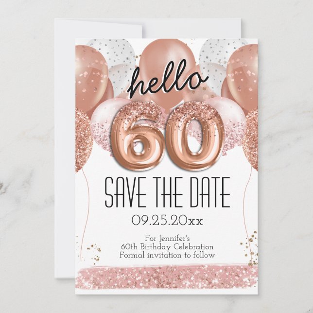 Invitación 60.º cumpleaños Purpurina rosa salva la fecha (Anverso)