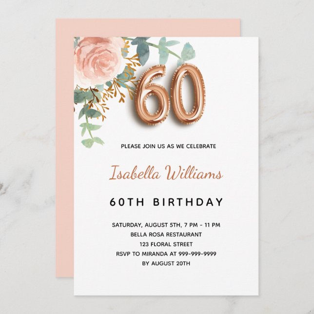 Invitación 60.º cumpleaños rosa floral oro eucalipto verde (Anverso / Reverso)