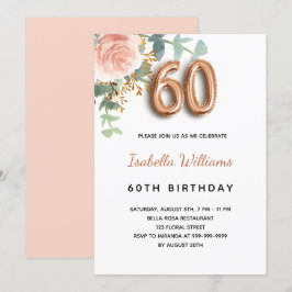 Invitación 60.º cumpleaños rosa floral oro eucalipto verde