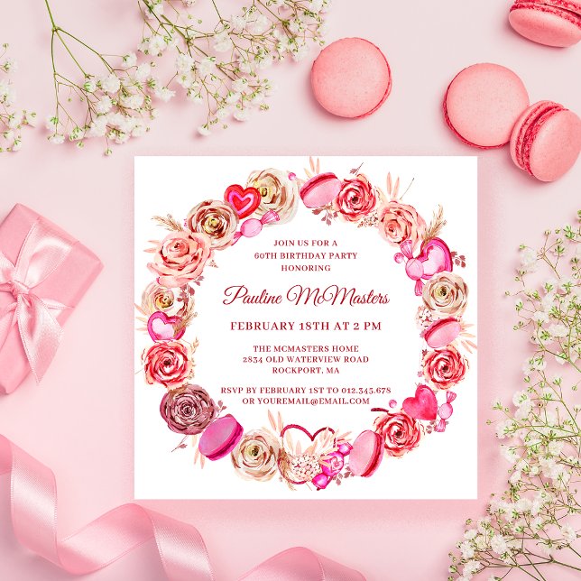 Invitación 60.º cumpleaños Rosa Rosa Swirly Heart Valentine (Subido por el creador)
