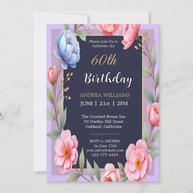 Invitación 60.º cumpleaños Rosas de flores de Peonny Wildflow (Anverso)