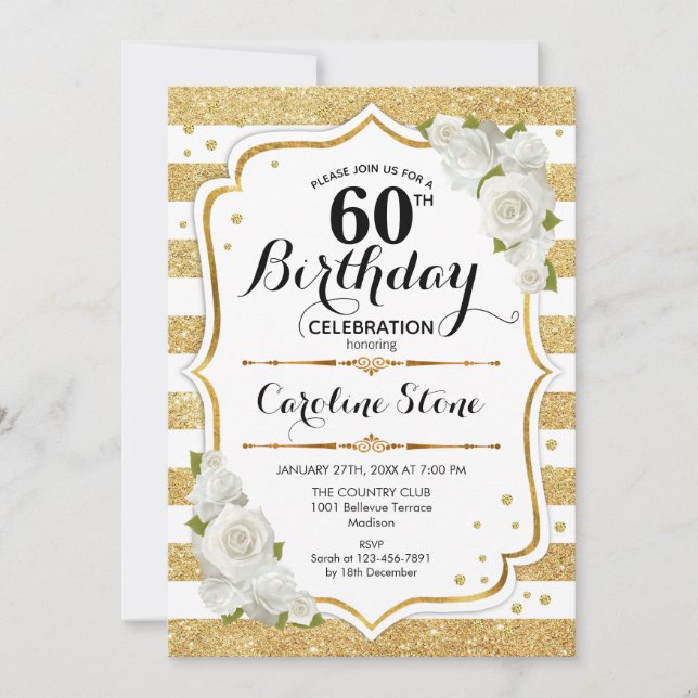 Invitación 60.º cumpleaños - Rosas de las franjas blancas de  (Anverso)