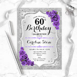 Invitación 60.º cumpleaños - Rosas morados de rayas plateadas<br><div class="desc">60.ª Invitación de cumpleaños. Elegante diseño floral en plata y morado. Incluye franjas finas purpurinas de plata,  rosas púrpura tipo de letra de guión elegante y confeti. Perfecto para una fiesta de cumpleaños glam.</div>