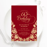 Invitación 60.º cumpleaños Rosas Red Gold<br><div class="desc">Invitación a la fiesta de cumpleaños número 60 de Red gold elegante. Diseño elegante con rosas, Relieve metalizado de oro falso y tipo de letra de guión de tipografía. La carta de invitación a la moda es perfecta para una elegante celebración de cumpleaños femenina. Personaliza con tus propios detalles. Se...</div>