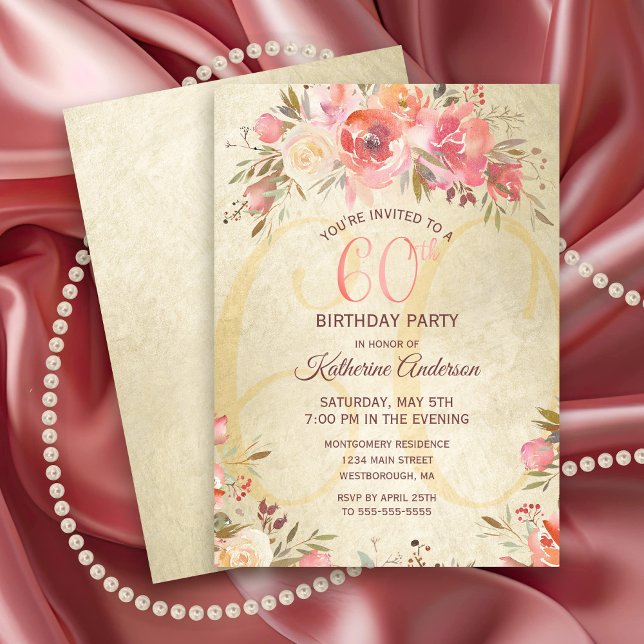 Invitación 60.º cumpleaños Roses rosadas florales Fiesta de b (Elegant Pink Roses with Gold Shimmer 60th Birthday Party Invitation)