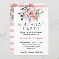 60.º cumpleaños Rubor Rayas de acuarela floral ros