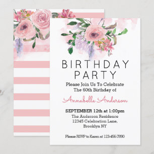 Invitación 60.º cumpleaños Rubor Rayas de acuarela floral ros