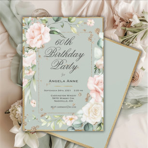 Invitación 60.º cumpleaños Sage Green Gold acuarela Floral In