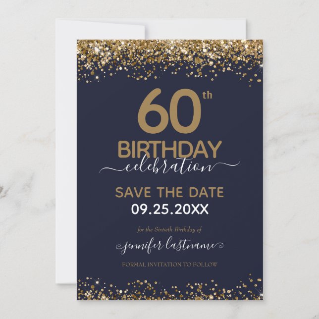 Invitación 60.º cumpleaños Salven la fecha azul y oro (Anverso)