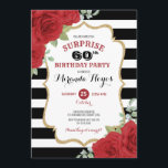 Invitación 60.º cumpleaños sorpresa de Roses Roses Roses Rose<br><div class="desc">Este diseño presenta rosales rojas con acuarela vibrante sobre fondo rayado negro y blanco</div>