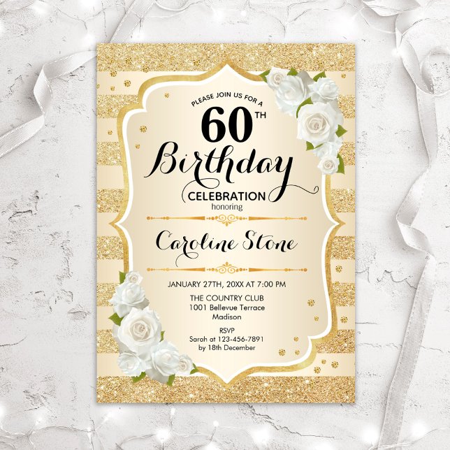 Invitación 60.º cumpleaños Tiras de oro Rosas blancas (Subido por el creador)