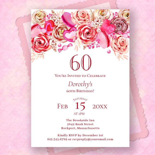 Invitación 60.º cumpleaños Valentine Pink Rose Swirly Heart (Subido por el creador)