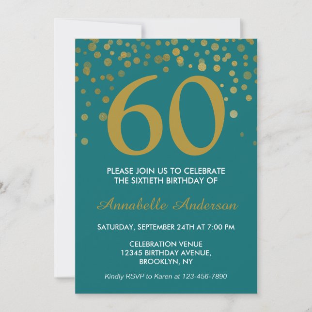 Invitación 60.º cumpleaños Verde azulado Confetti de oro mode (Anverso)