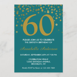 Invitación 60.º cumpleaños Verde azulado Confetti de oro mode