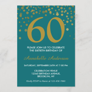 Invitación 60.º cumpleaños Verde azulado Confetti de oro mode