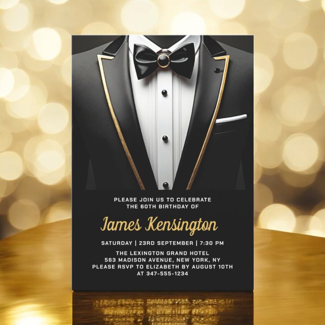 Invitación 60.º evento de cumpleaños Black and Gold Tuxedo (Subido por el creador)